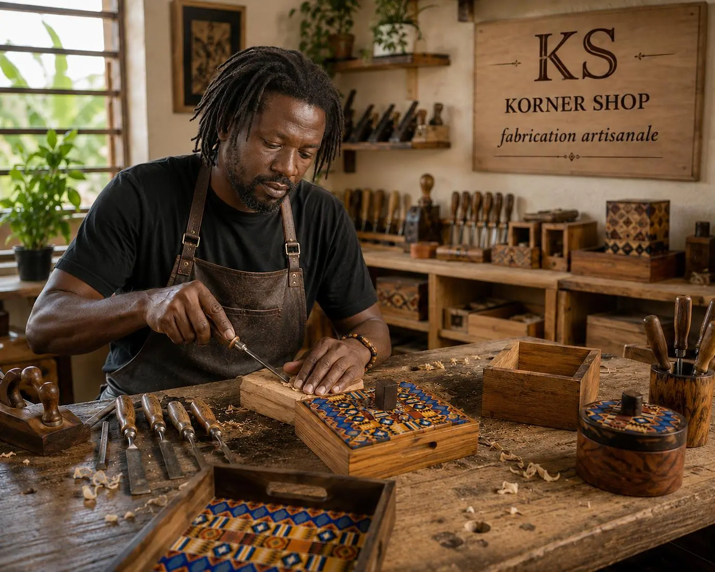 L’artisan ébéniste Korner Shop sculptant une boîte en bois à motifs pagne